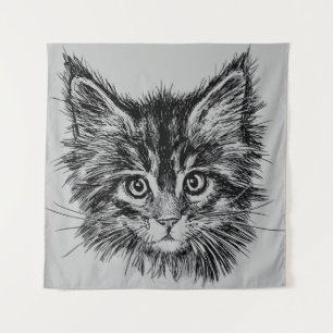 Tenture Visage de Kitten noir et blanc sur gris