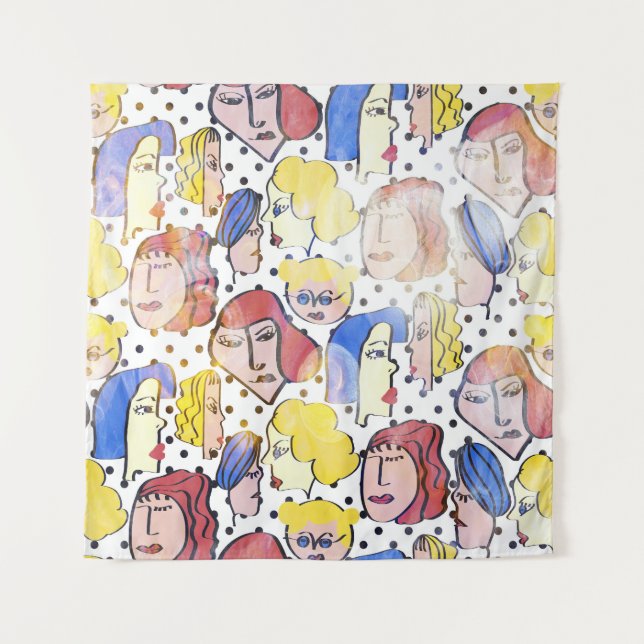 Tenture Visages de femme Abstraite, pois d'aquarelle. (Devant)