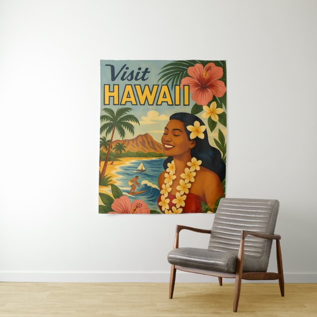 Tenture Visite Hawaii Tourisme Art Mid Century (En situation)