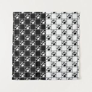Tenture Vitre blanche noire Cute Paw Plaid