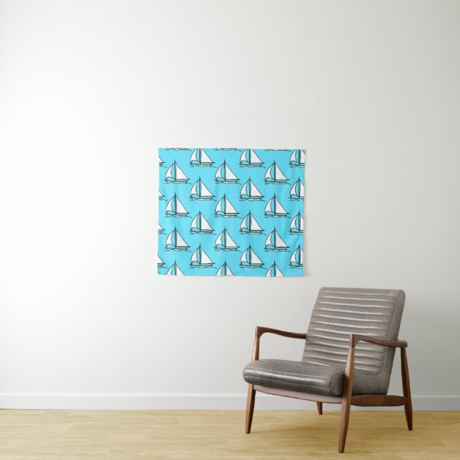 Tenture Voiliers sur le motif bleu de mer (En situation (horizontale))