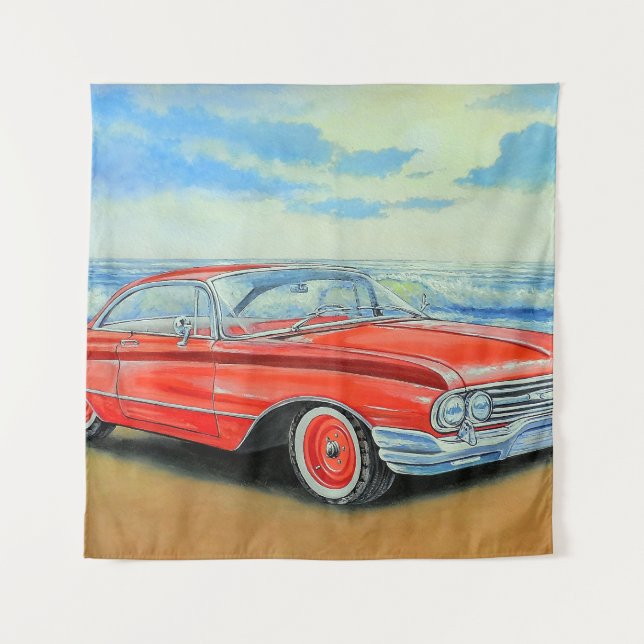Tenture Voiture rouge rétro, peinture balnéaire. (Devant)
