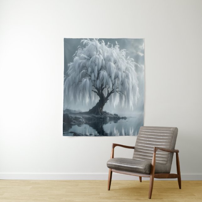 Tenture Weeping willow by a pond, black and white  (En situation)