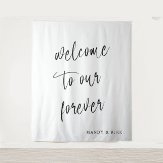 Tenture Welcome to Our Forever Wedding Backdrop Fabric
