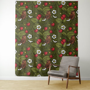 Tenture Wens et fraises sur vert foncé