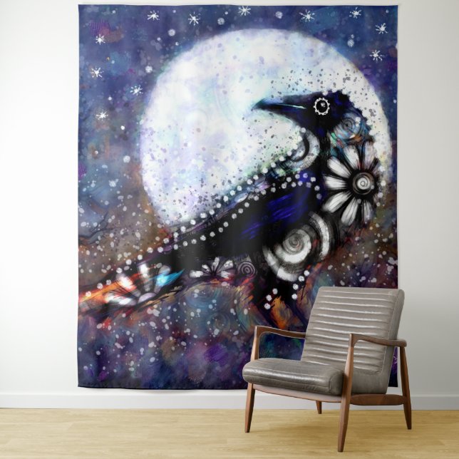 Tenture Whimsical Raven Lune Floral Noir Blanc Bleu (En situation)