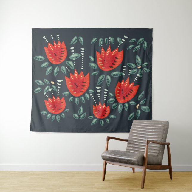 Tenture Whimsical Red Tulips Floral Art - Printemps Abstra (En situation (horizontale))