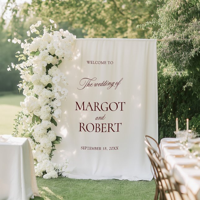 Tenture White & Burgundy Wedding Welcome Sign Banner (White & Burgundy Wedding Welcome Sign Banner Tapestry)