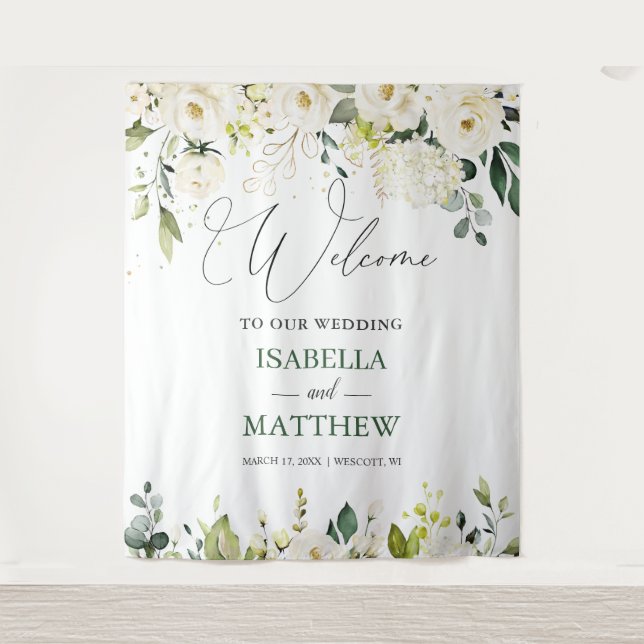 Tenture White Roses Greenery Wedding Welcome Sign Tapestry (Devant)