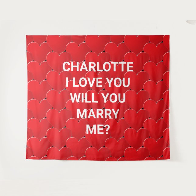Tenture Will You Marry Me red coeurs proposition de texte  (Devant (Horizontal))