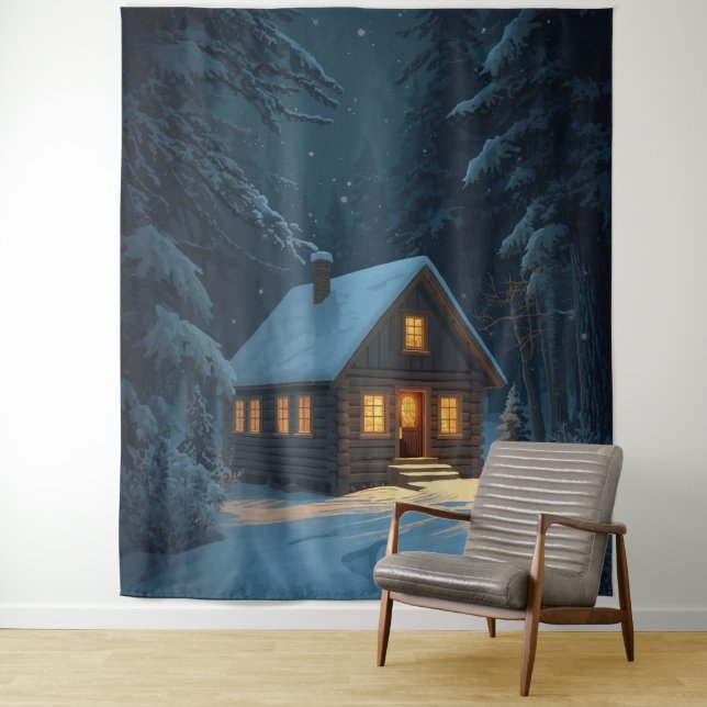 Tenture “Winter Glow – Cozy Cabin in the Snow Poster (En situation)