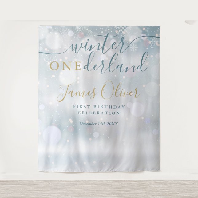 Tenture Winter Onederland 1er Anniversaire Bleu Et Or (Devant)