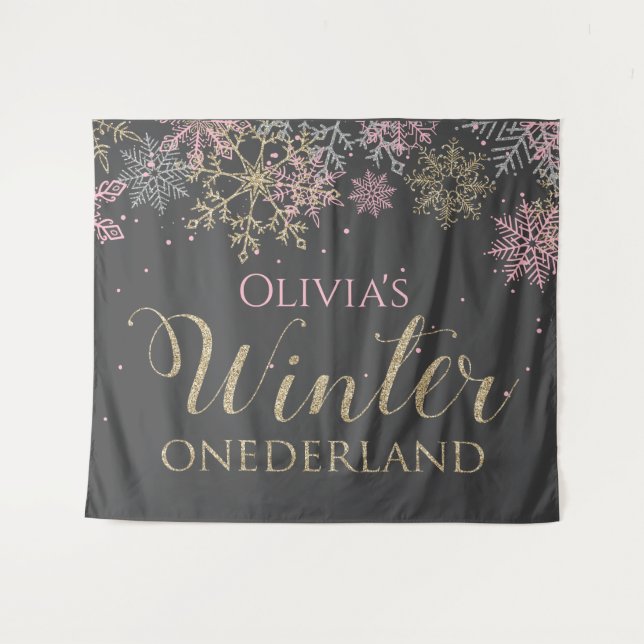 Tenture Winter Onederland Rose Girl Premier anniversaire (Devant (Horizontal))