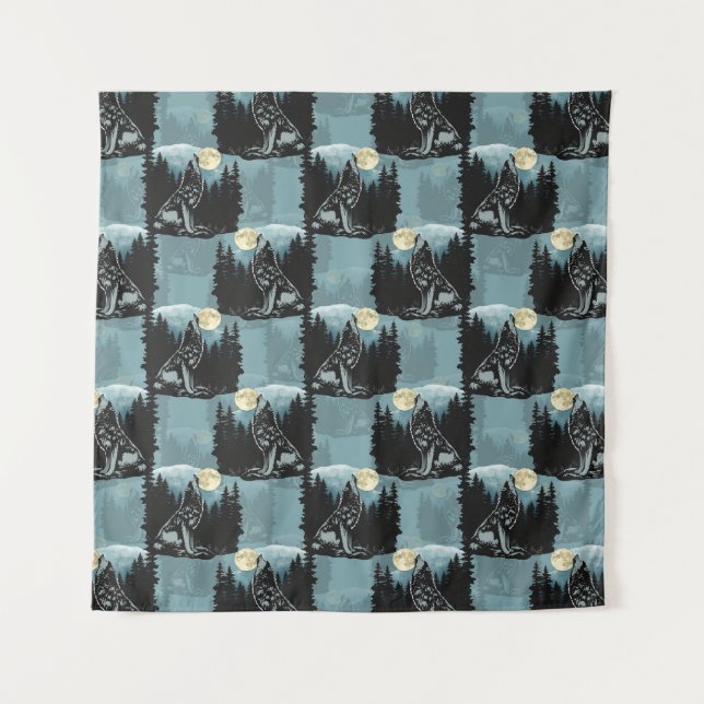Tenture Wolf Howling À Moon Design Motif (Devant)