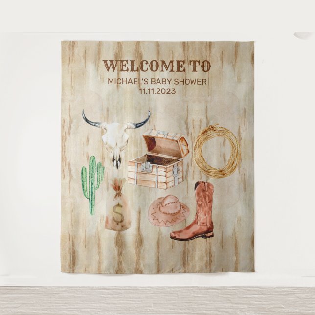 Tenture Wood Cowboy Baby Shower welcome backdrop (Devant)