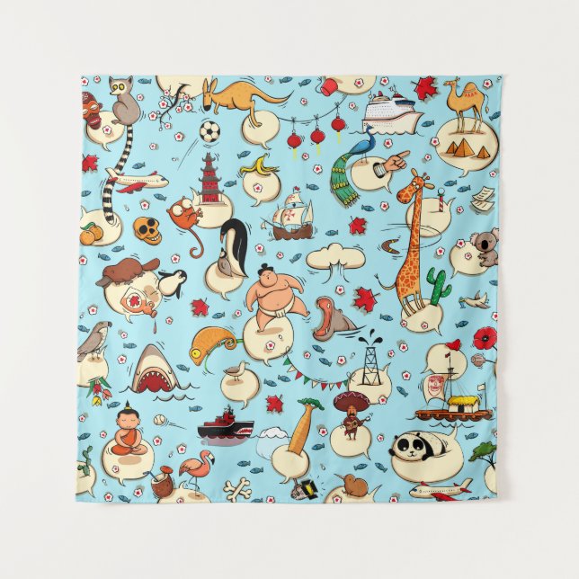 Tenture World Wonders : Motif bleu coloré. (Devant)