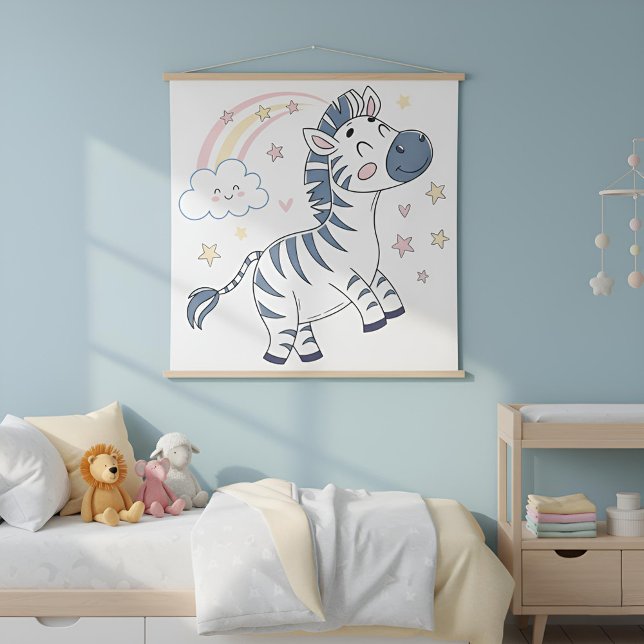Tenture Zèbre de dessin animé adorable avec arc-en-ciel et ("Adorable Cartoon Zebra Tapestry – Brighten Your Nursery or Kids Room with Rainbow & Star Fun!")