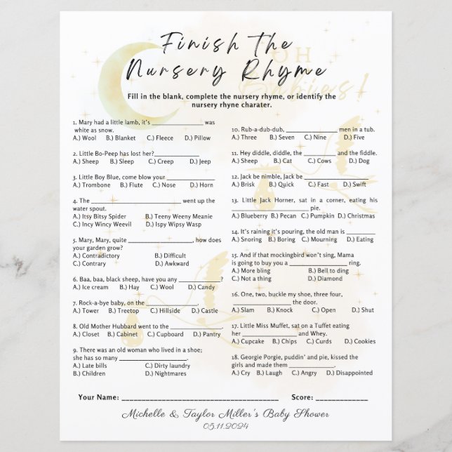 Terminer le jeu de Baby shower de rime de la pépin (Devant)
