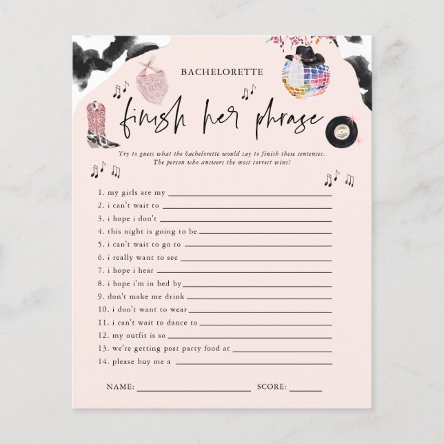 Terminez la phrase Jeu de Bachelorette Disco Cowgi (Devant)