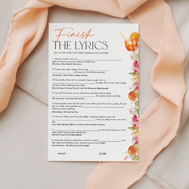 Terminez les paroles de la chanson Jeu de Baby Sho (Finish the lyrics Bridal Shower Game | Love at First Spritz theme)