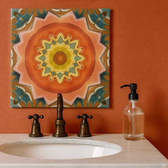 Terra Cotta Géométrique Abstraite Carreau de conce (Geometric abstract design tile in warm terra cotta and green earth colors. For kitchen or bathroom)