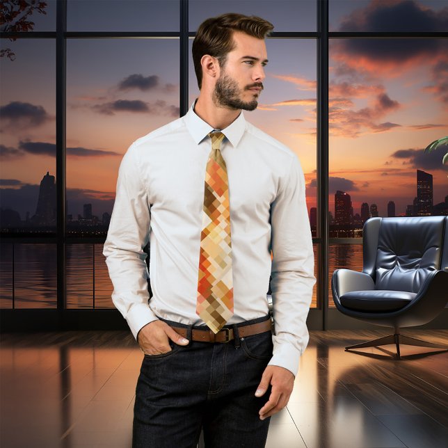 Terra Cotta moderne Cravate Motif géométrique Abst (Modern design tie featuring an abstract geometric tiled design in warm terra cotta and earth colors)