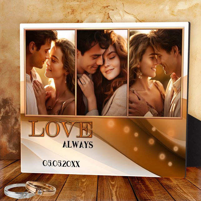 Terra Cotta Retro Boho Photo Mariage Plaque (Photo plaque featuring a retro boho design in terra cotta with 3 custom photos. Romantic keepsake)