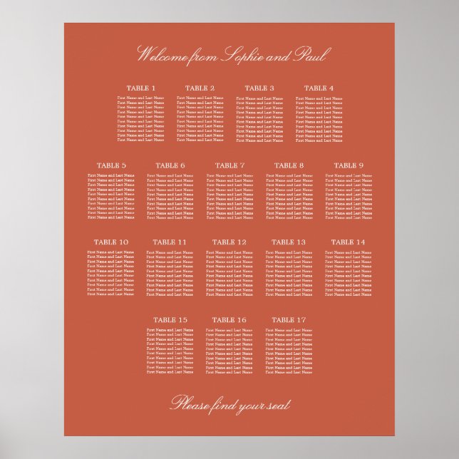 Terracotta 17 Table Wedding Seating Chart Poster (Devant)