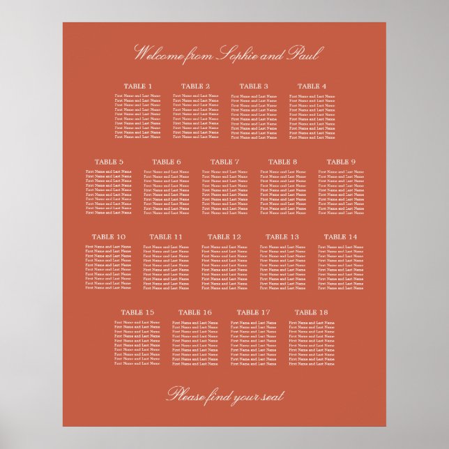 Terracotta 18 Table Wedding Seating Chart Poster (Devant)