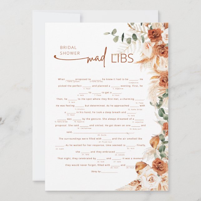 Terracotta Boho Floral Mad Lib Bridal Shower Game  (Devant)