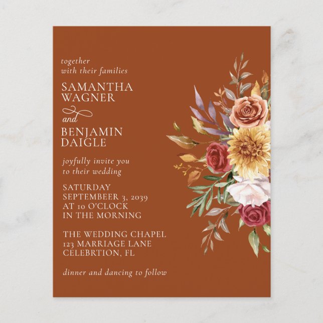 Terracotta Budget Automne Moderne Mariage Floral (Devant)