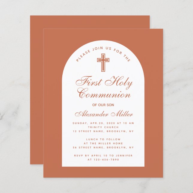 Terracotta Budget Boy First Communion Invitation (Devant / Derrière)