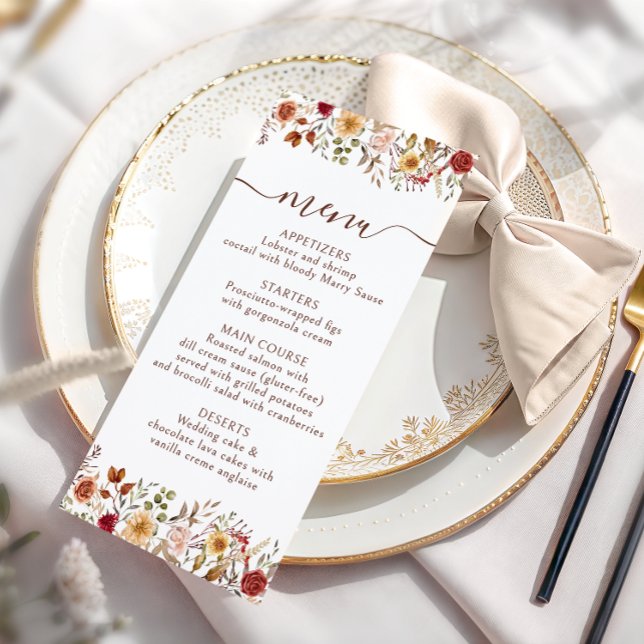 Terracotta Burgundy Floral Wedding Menu Cards (Créateur téléchargé)