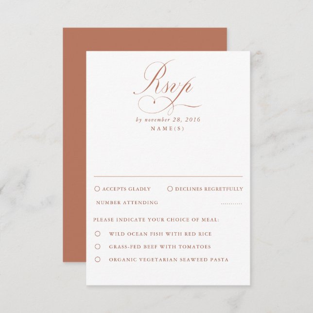 Terracotta et blanc Moderne Mariage minimal RSVP (Devant / Derrière)