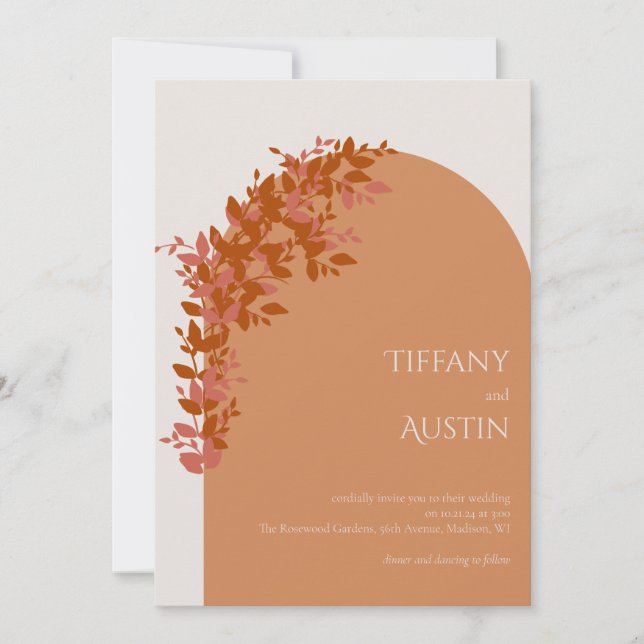 Terracotta Feuilles Clean Faire-part de mariage mo (Devant)