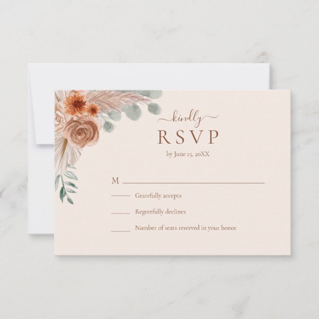 Terracotta Floral Pampas Grass Wedding RSVP Card (Devant)