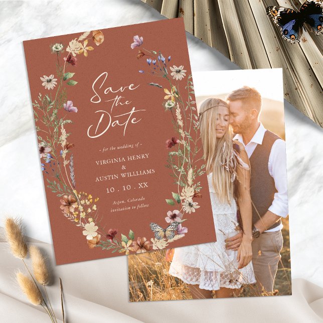 Terracotta Floral Photo Enregistrer La Date Carte  (Boho Terracotta Floral Photo Save The Date Flat Card by Painted Paperie
)