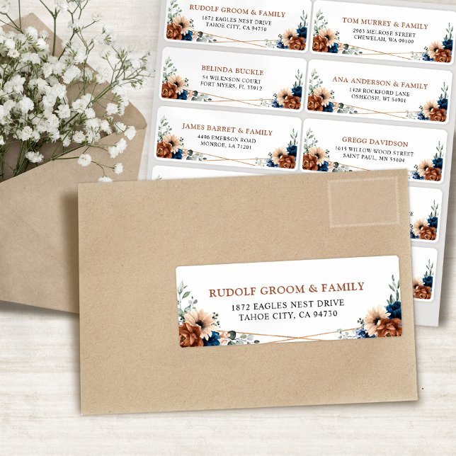 Terracotta Marine Bleu Géométrique Étiquette de ad (Terracotta Navy Blue Geometric Guest Address Label)