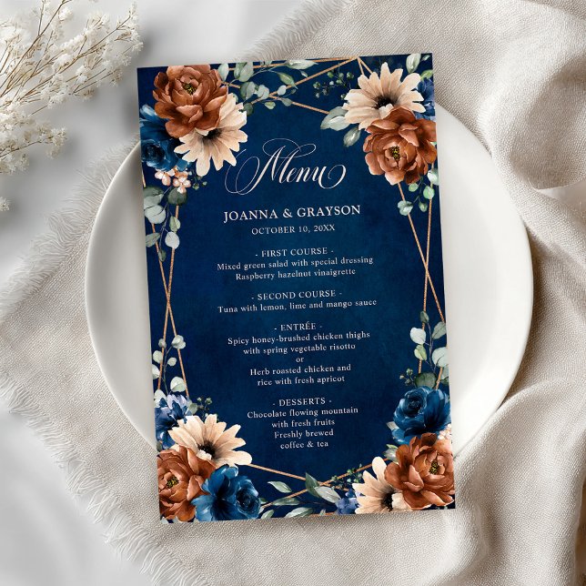Terracotta Marine Blue Greenery Menu géométrique (Terracotta Navy Blue Greenery Geometric Menu)