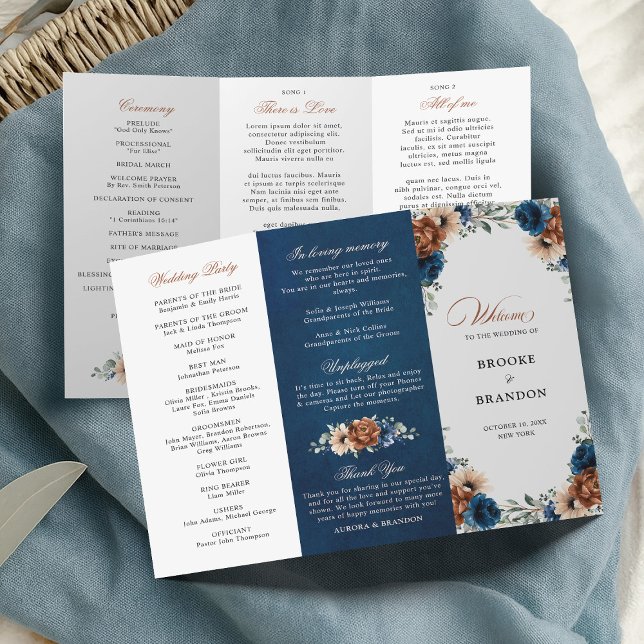 Terracotta Marine Blue Greenery Programme de maria (Terracotta Navy Blue Greenery Wedding  Tri fold Program)