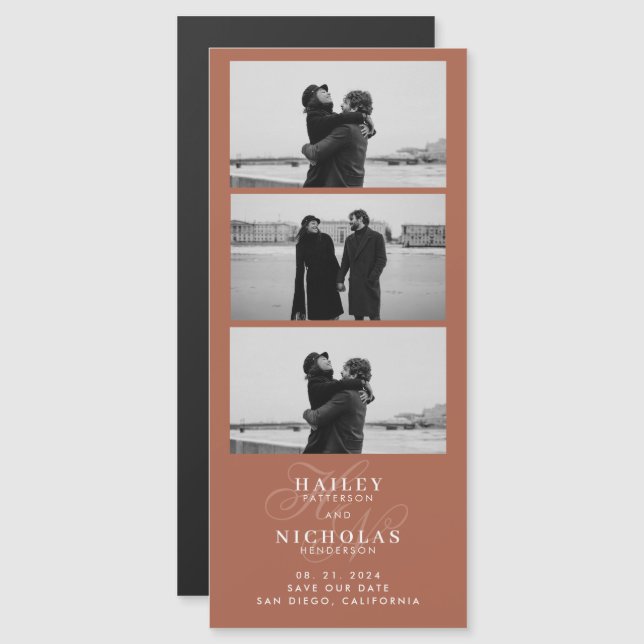 Terracotta Monogramme Bande Photo Mariage magnétiq (Devant / Derrière)