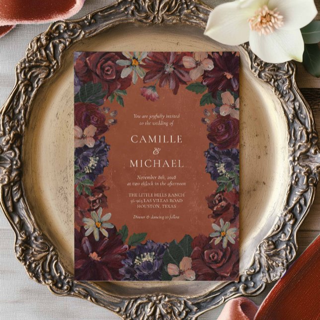 Terracotta Moody Floral Faire-part de mariage (Terracotta Floral Fall Wedding Invitation)