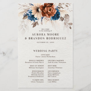 Terracotta Navy Blue Pampas Grass Wedding Programm