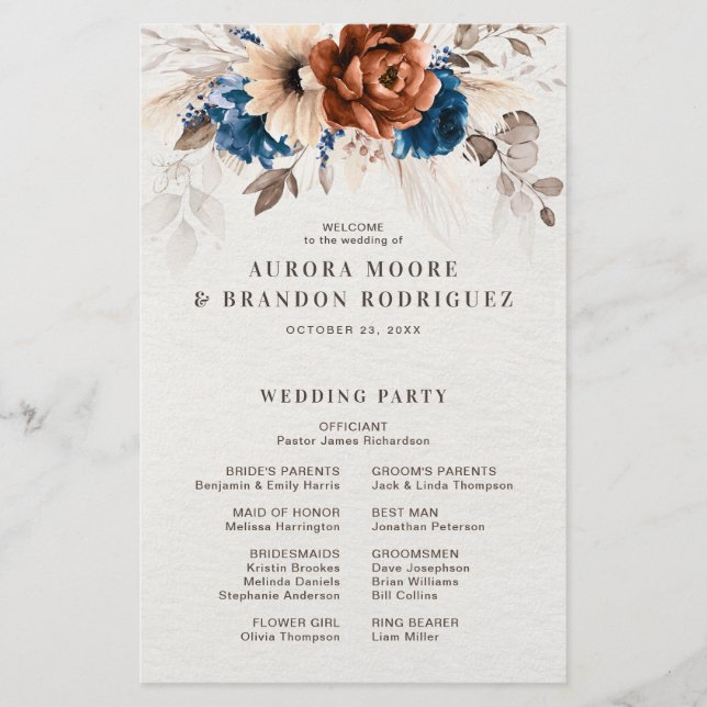 Terracotta Navy Blue Pampas Grass Wedding Programm (Devant)