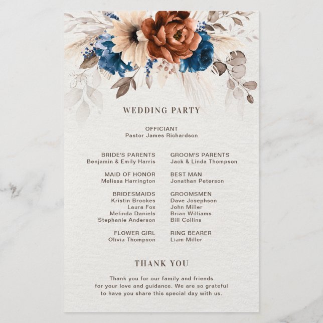 Terracotta Navy Blue Pampas Grass Wedding Programm (Dos)