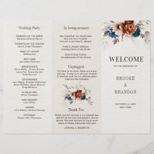 Terracotta Navy Blue Pampas Grass Wedding Programm