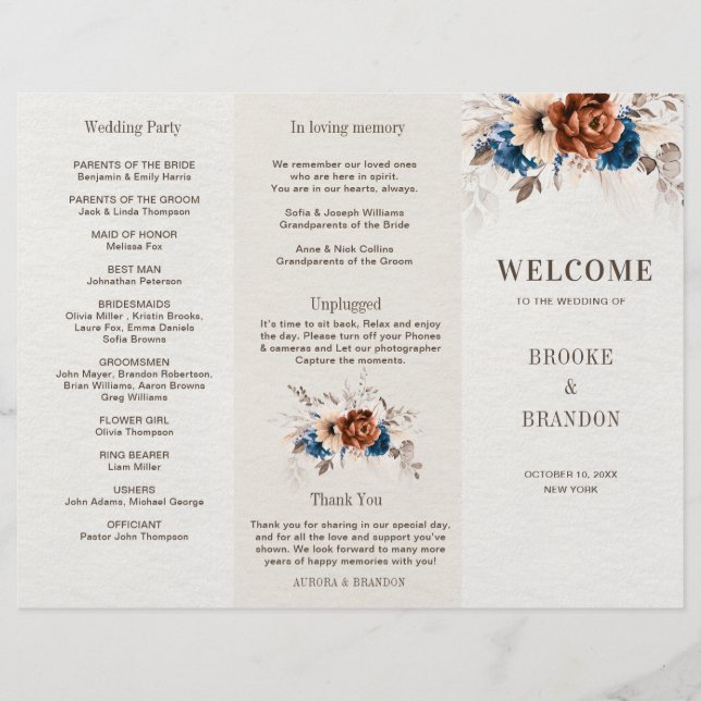 Terracotta Navy Blue Pampas Grass Wedding Programm (Devant)