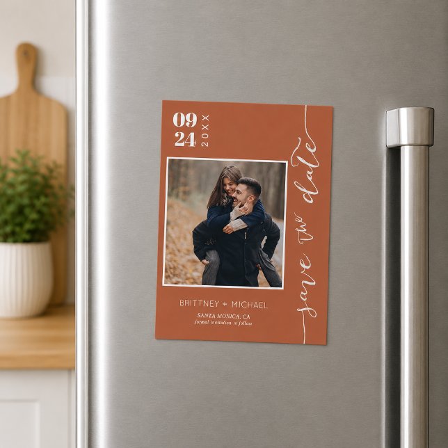 Terracotta Photo Enregistrer la Date (Trendy terracotta photo save the date featuring elegant handwritten script magnet)