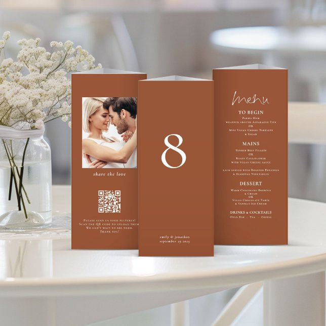 Terracotta Photo Mariage Menu Table Pas Triple (Créateur téléchargé)