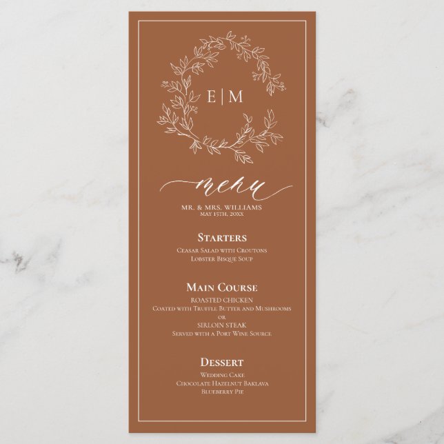 Terracotta Poitrine feuillus Monogram Menu Mariage (Devant)